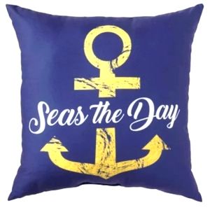 OCM Seas the Day Square Pillow with Gold Anchor  18" x 18"  Blue and White  NEW